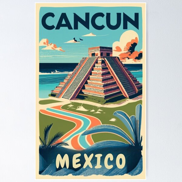 Aperçu de l'œuvre Une affiche de voyage vintage de Cancun - Mexique créée et vendue par GoodOldVintage.