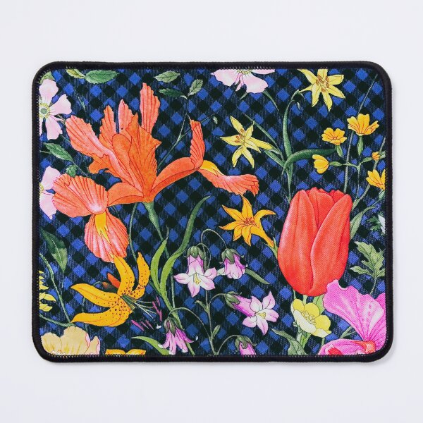 Item preview, Vibrant exotic flowers on blue and black gingham plaid fabric designed and sold by Neeshki.