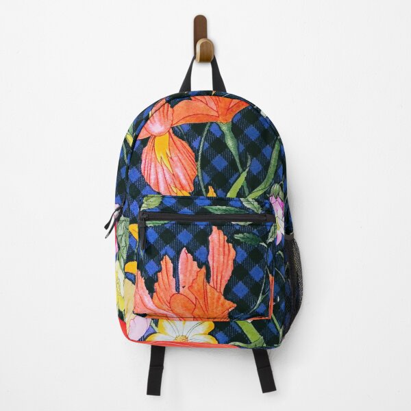 Item preview, Vibrant exotic flowers on blue and black gingham plaid fabric designed and sold by Neeshki.