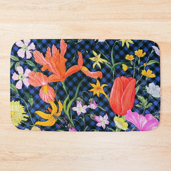 Item preview, Vibrant exotic flowers on blue and black gingham plaid fabric designed and sold by Neeshki.