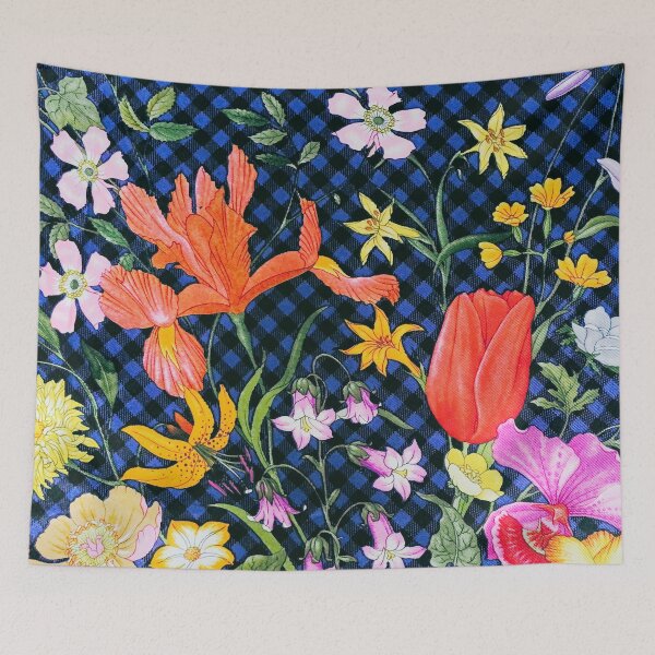 Item preview, Vibrant exotic flowers on blue and black gingham plaid fabric designed and sold by Neeshki.