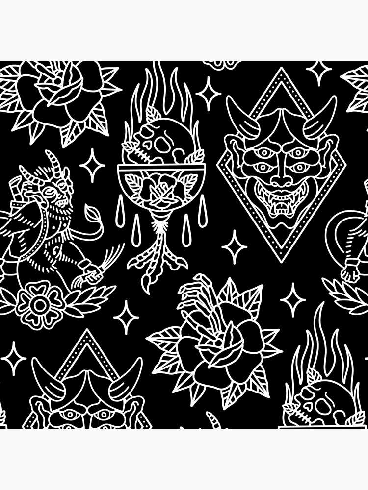 Black and White American Traditional Tattoo Design Pattern Throw