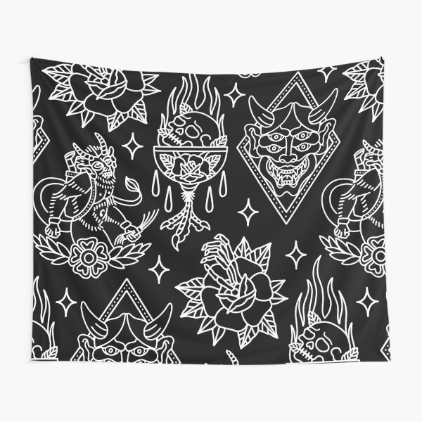 Black And White Traditional Tattoo Flash Pattern Tapestry For Sale By