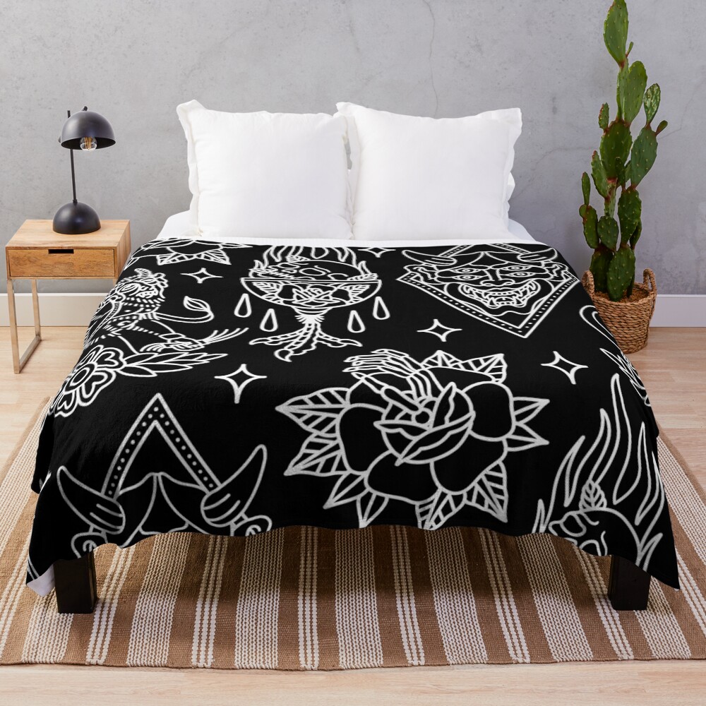 Black and White Traditional Tattoo Flash Pattern Throw Blanket