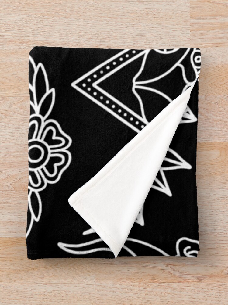 Alternate view of Black and White Traditional Tattoo Flash Pattern Throw Blanket