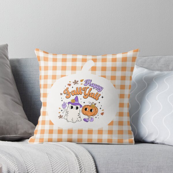 Item preview, Happy Fall Yall Cute Ghost and Pumpkin Friends Orange Gingham Pattern designed and sold by SeGoArtDesign.