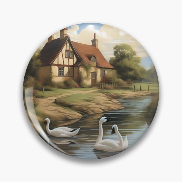 Item preview, Sunny British Countryside: Sketch-Styled Cottage & Swans designed and sold by PaintbrushPlace.
