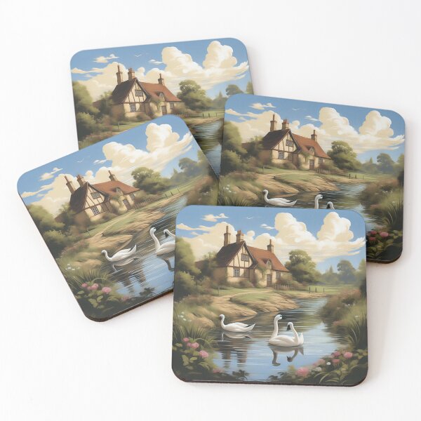 Item preview, Sunny British Countryside: Sketch-Styled Cottage & Swans designed and sold by PaintbrushPlace.