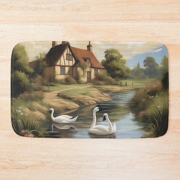 Aperçu de l'œuvre Campagne britannique ensoleillée : chalet et cygnes de style croquis créée et vendue par PaintbrushPlace.