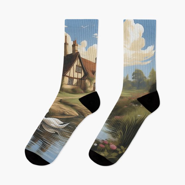Item preview, Sunny British Countryside: Sketch-Styled Cottage & Swans designed and sold by PaintbrushPlace.