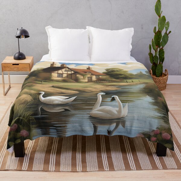 Item preview, Sunny British Countryside: Sketch-Styled Cottage & Swans designed and sold by PaintbrushPlace.