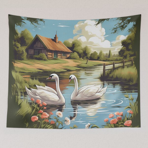 Item preview, Idyllic British Countryside: Springtime Cottage & Swans Sketch designed and sold by PaintbrushPlace.