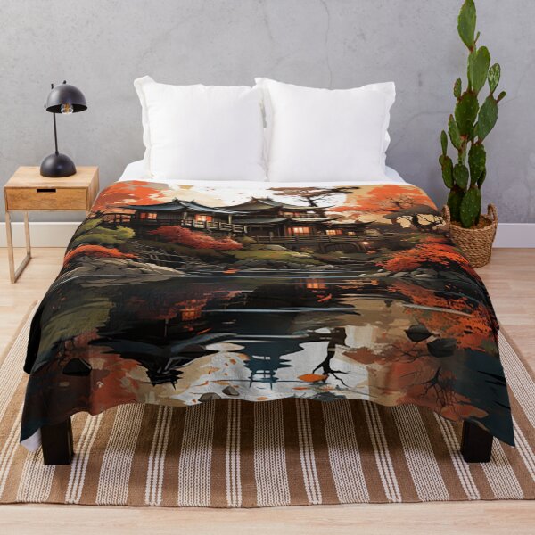 Item preview, Tranquil Japanese Village: Autumn Maples & Koi Fish Digital Painting designed and sold by PaintbrushPlace.