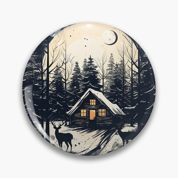 Item preview, Winter Wonderland: Scandinavian Forest Cabin & Deer Ink Drawing designed and sold by PaintbrushPlace.