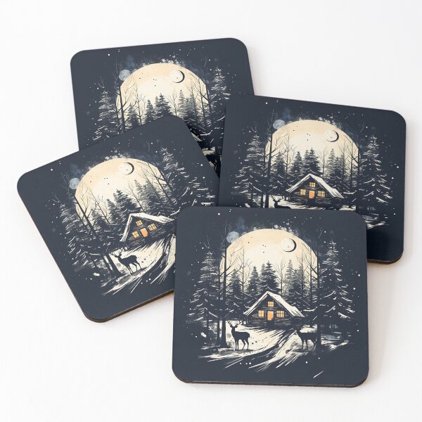 Item preview, Winter Wonderland: Scandinavian Forest Cabin & Deer Ink Drawing designed and sold by PaintbrushPlace.