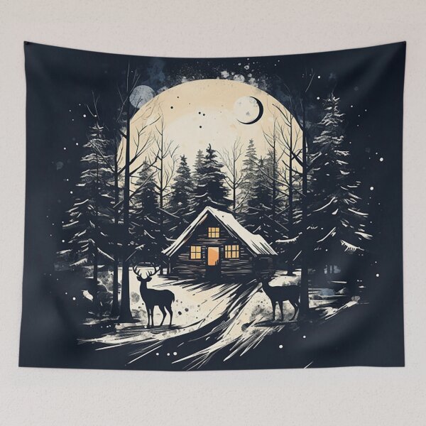 Item preview, Winter Wonderland: Scandinavian Forest Cabin & Deer Ink Drawing designed and sold by PaintbrushPlace.