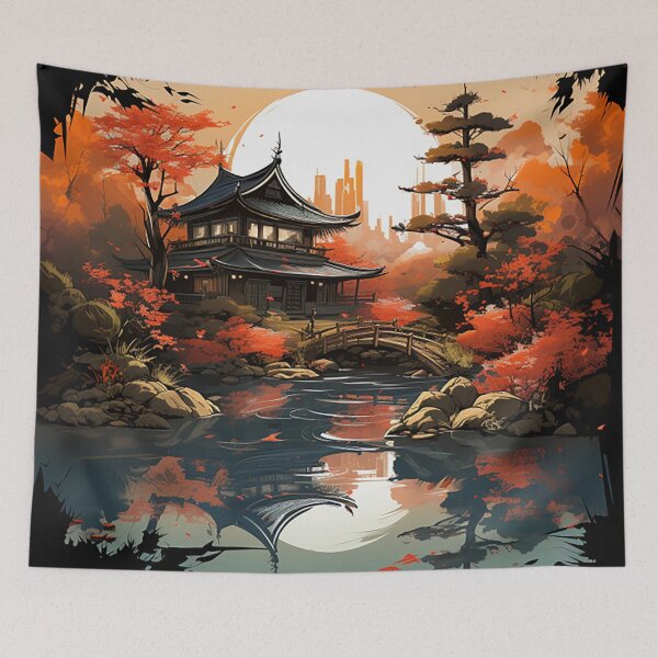 Item preview, Tranquil Autumn: Japanese Village & Koi Fish Digital Painting designed and sold by PaintbrushPlace.