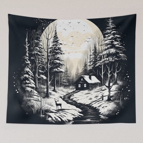 Item preview, Winter Serenity: Scandinavian Cabin & Deer Ink Drawing designed and sold by PaintbrushPlace.