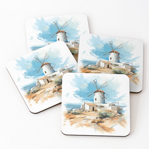 Item preview, Summer Breeze: Abstract Greek Island House & Windmills Rendering designed and sold by PaintbrushPlace.
