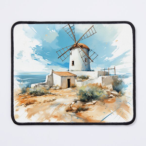 Item preview, Summer Breeze: Abstract Greek Island House & Windmills Rendering designed and sold by PaintbrushPlace.