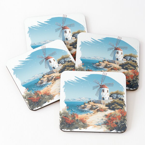 Item preview, Summer Breeze: Abstract Greek Island House & Windmills Rendering designed and sold by PaintbrushPlace.