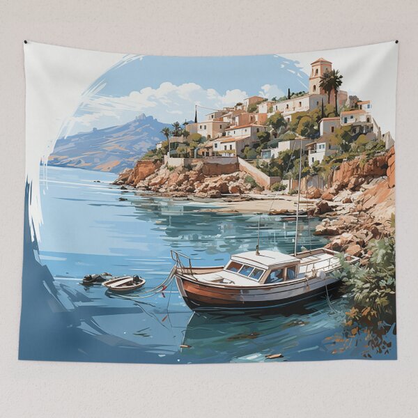 Item preview, Summer Serenity: Mediterranean Coastal Town Illustration designed and sold by PaintbrushPlace.