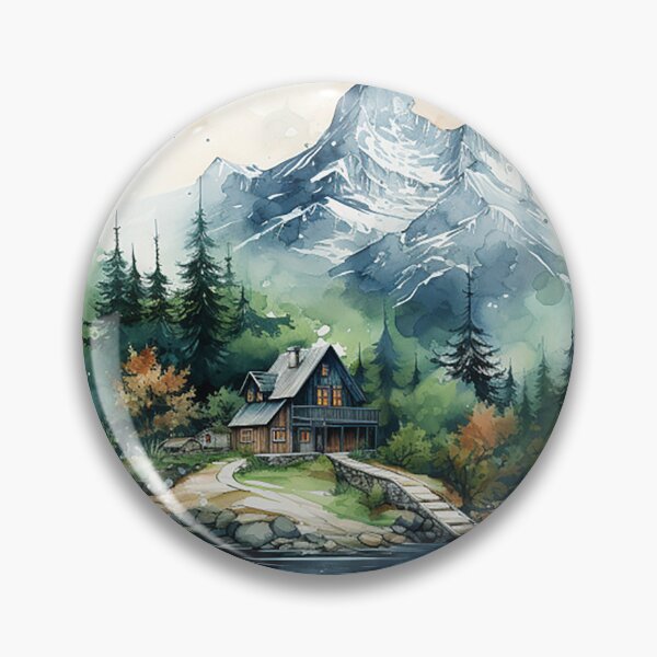 Item preview, Alpine Serenity: Winter Watercolor Rendering of Snowy Cabin & Pines designed and sold by PaintbrushPlace.
