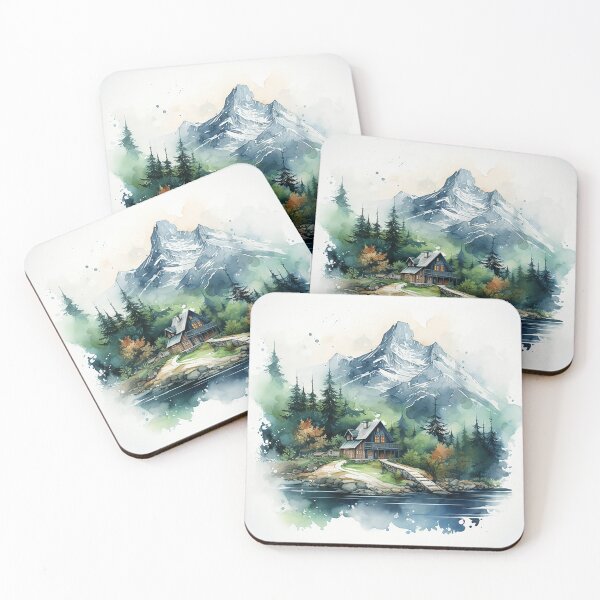 Item preview, Alpine Serenity: Winter Watercolor Rendering of Snowy Cabin & Pines designed and sold by PaintbrushPlace.