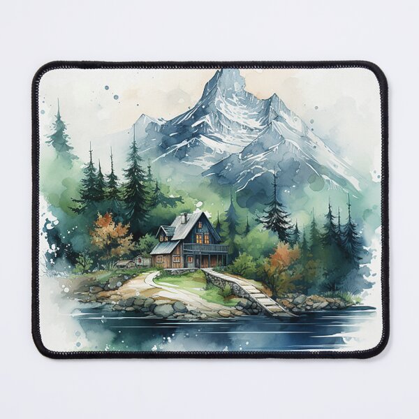Item preview, Alpine Serenity: Winter Watercolor Rendering of Snowy Cabin & Pines designed and sold by PaintbrushPlace.