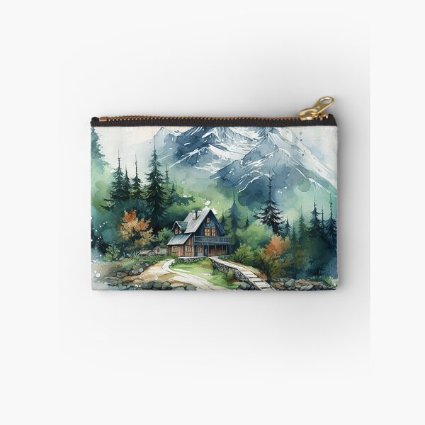 Item preview, Alpine Serenity: Winter Watercolor Rendering of Snowy Cabin & Pines designed and sold by PaintbrushPlace.