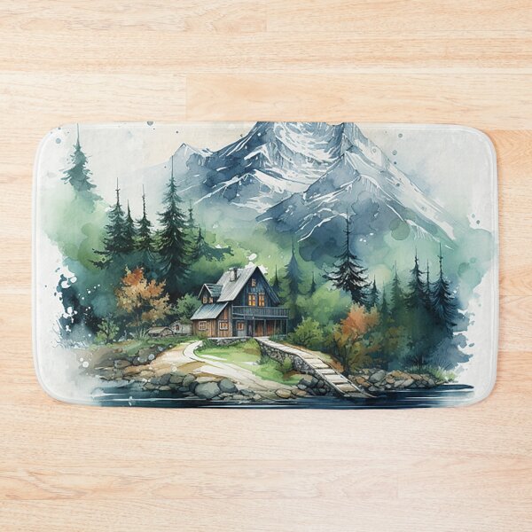 Item preview, Alpine Serenity: Winter Watercolor Rendering of Snowy Cabin & Pines designed and sold by PaintbrushPlace.