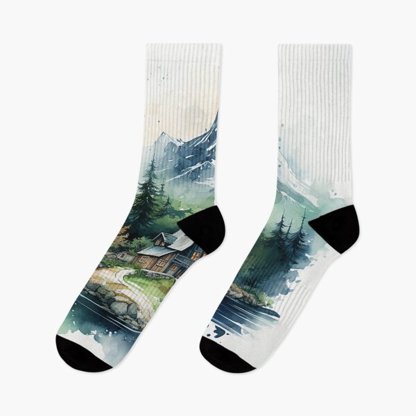 Item preview, Alpine Serenity: Winter Watercolor Rendering of Snowy Cabin & Pines designed and sold by PaintbrushPlace.