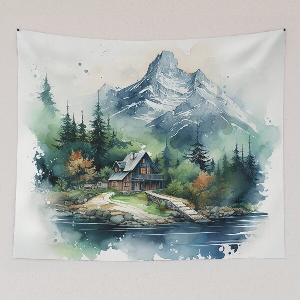 Item preview, Alpine Serenity: Winter Watercolor Rendering of Snowy Cabin & Pines designed and sold by PaintbrushPlace.