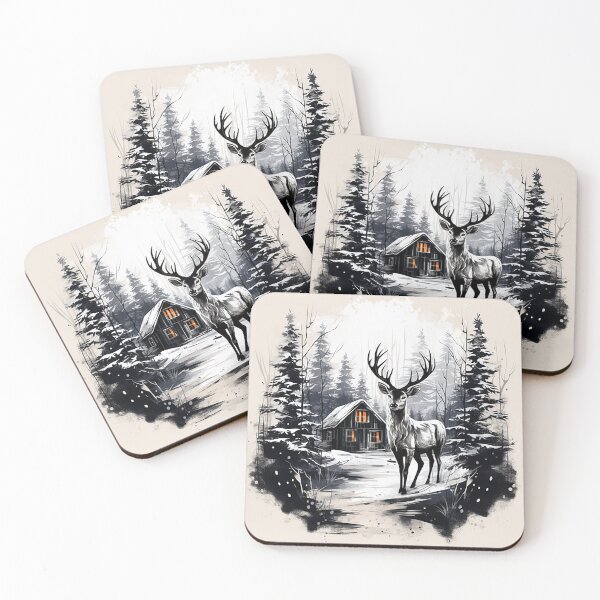 Item preview, Scandinavian Solitude: Ink Drawing of Forest Cabin, Deer in Winter Snowfall designed and sold by PaintbrushPlace.