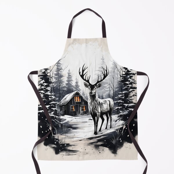 Item preview, Scandinavian Solitude: Ink Drawing of Forest Cabin, Deer in Winter Snowfall designed and sold by PaintbrushPlace.