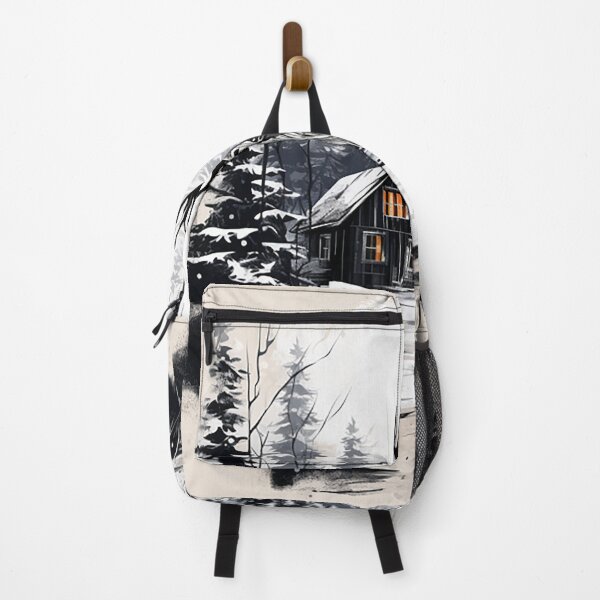 Item preview, Scandinavian Solitude: Ink Drawing of Forest Cabin, Deer in Winter Snowfall designed and sold by PaintbrushPlace.