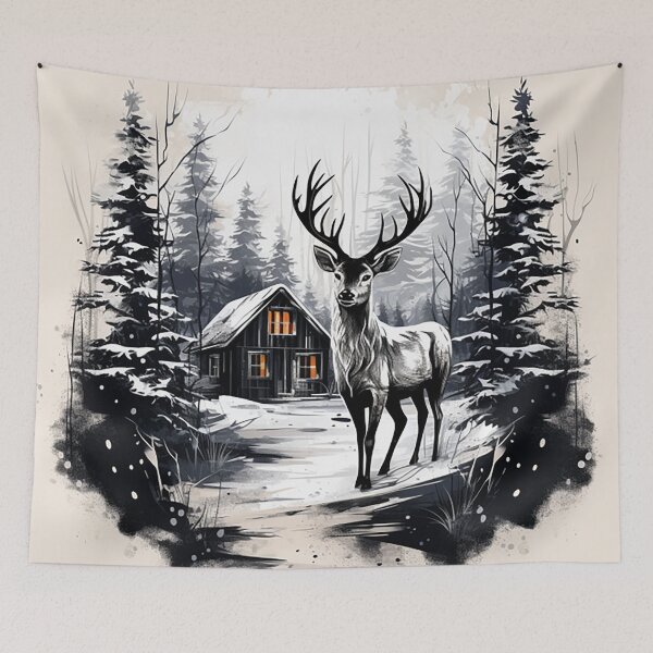 Item preview, Scandinavian Solitude: Ink Drawing of Forest Cabin, Deer in Winter Snowfall designed and sold by PaintbrushPlace.