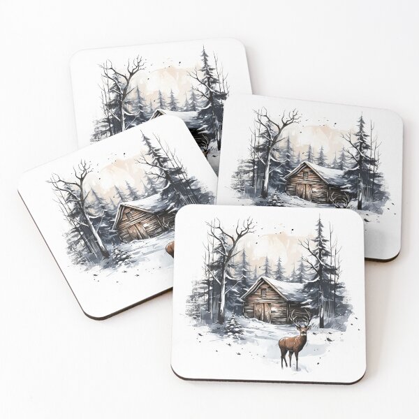 Item preview, Winter Whisper: Scandinavian Cabin & Deer in Serene Snowfall Ink Drawing designed and sold by PaintbrushPlace.