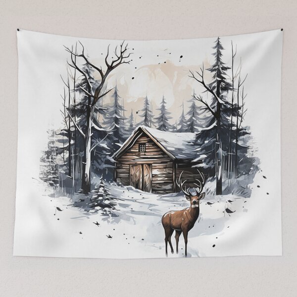 Item preview, Winter Whisper: Scandinavian Cabin & Deer in Serene Snowfall Ink Drawing designed and sold by PaintbrushPlace.