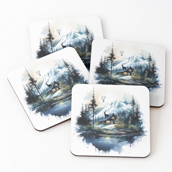 Item preview, Winter Solitude: Ink Drawing of a Scandinavian Cabin & Deer in Snowfall designed and sold by PaintbrushPlace.