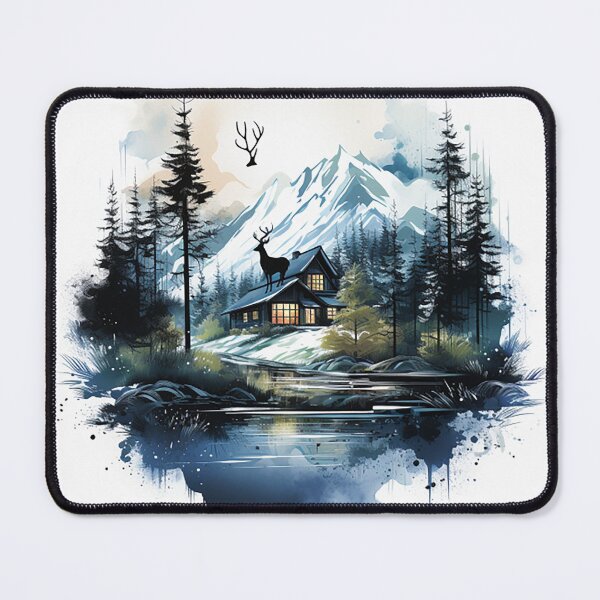 Item preview, Winter Solitude: Ink Drawing of a Scandinavian Cabin & Deer in Snowfall designed and sold by PaintbrushPlace.