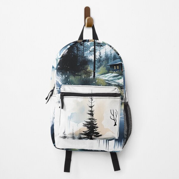 Item preview, Winter Solitude: Ink Drawing of a Scandinavian Cabin & Deer in Snowfall designed and sold by PaintbrushPlace.
