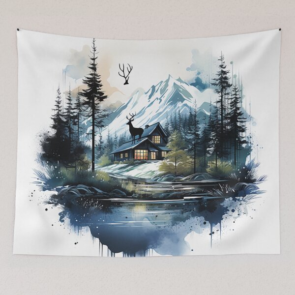 Item preview, Winter Solitude: Ink Drawing of a Scandinavian Cabin & Deer in Snowfall designed and sold by PaintbrushPlace.