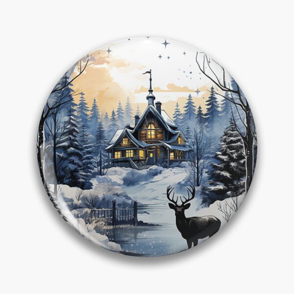 Item preview, Enchanting Winter: Scandinavian Cabin & Deer Amidst Gentle Snowfall - Ink Drawing designed and sold by PaintbrushPlace.