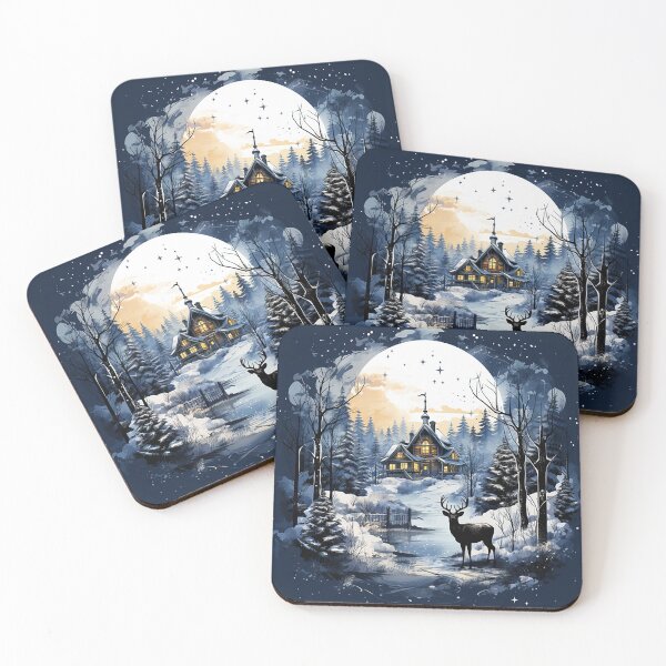Item preview, Enchanting Winter: Scandinavian Cabin & Deer Amidst Gentle Snowfall - Ink Drawing designed and sold by PaintbrushPlace.