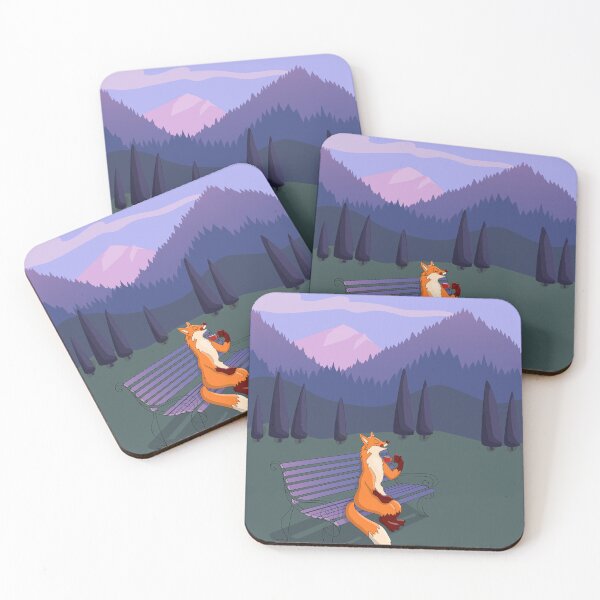 Item preview, Hand drawn cartoon fox sitting on a bench with the mountain view and drinking coffee. Vector illustration designed and sold by Familyshmot.