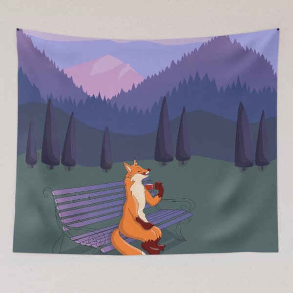 Item preview, Hand drawn cartoon fox sitting on a bench with the mountain view and drinking coffee. Vector illustration designed and sold by Familyshmot.