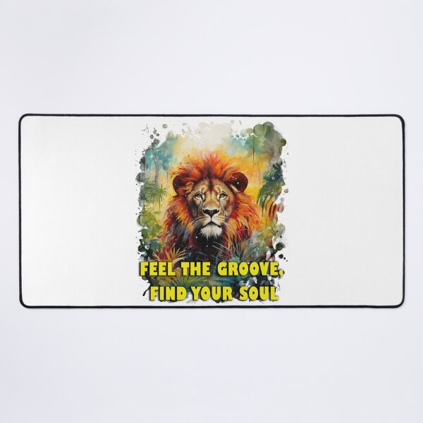 Aperçu de l'œuvre Rasta Lion dans la jungle dans un style reggae coloré, thème rasta « FEEL THE GROOVE, FIND YOUR SOUL » créée et vendue par LunarLandscapes.