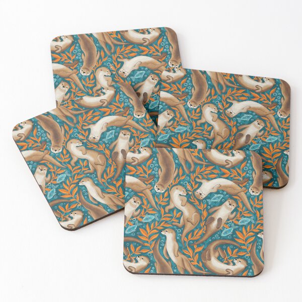 Item preview, Sweet Swimming Otters in Dark Teal and Orange Gouache designed and sold by micklyn.