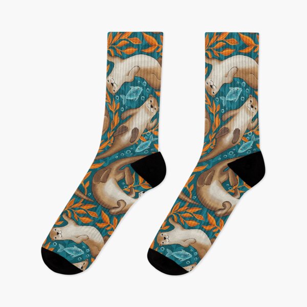 Item preview, Sweet Swimming Otters in Dark Teal and Orange Gouache designed and sold by micklyn.